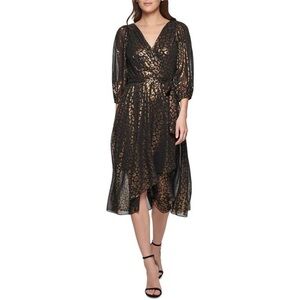 DKNY Womens Black Metallic Midi Puff Sleeve Wrap Dress size 14